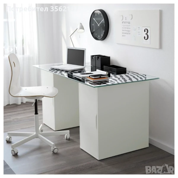 Дизайнерско бюро със стъклен плот и две шкафчета ИКЕА, снимка 1