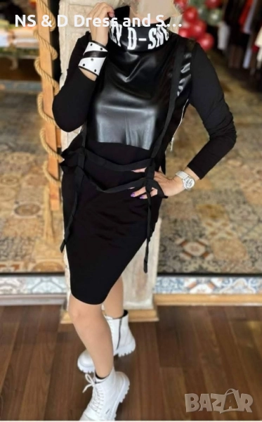Дамска атрактивна луксозна рокля с подвижна кожена част, снимка 1