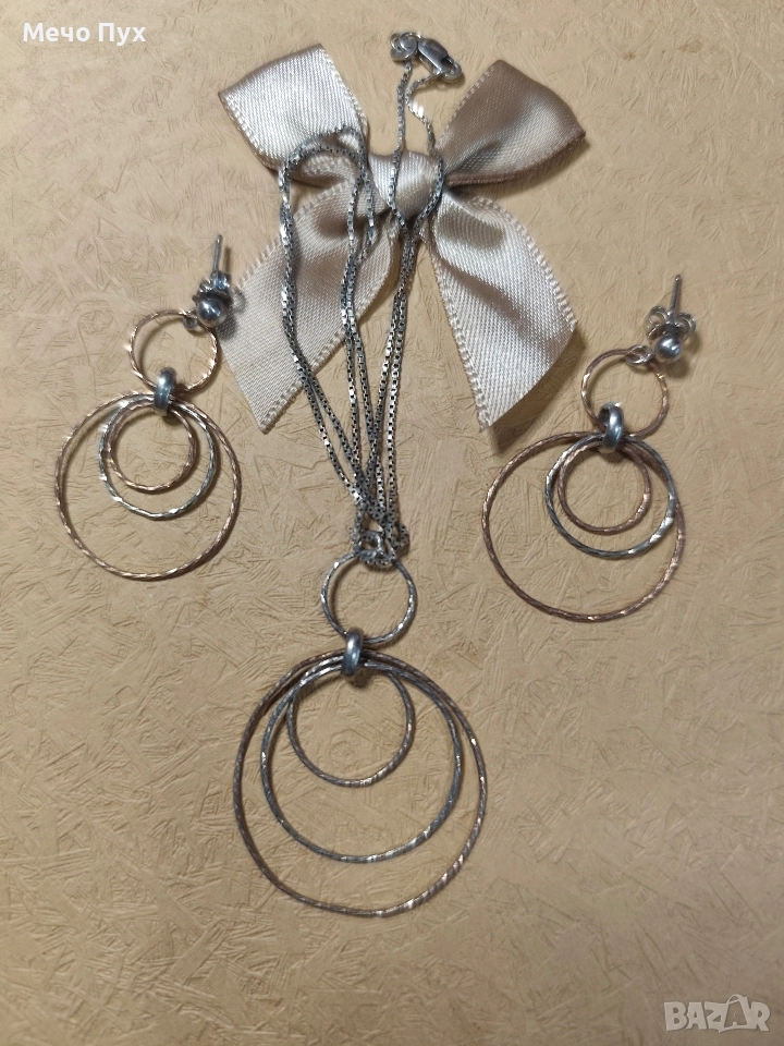Сребърен комплект - колие и висящи обеци (40), снимка 1