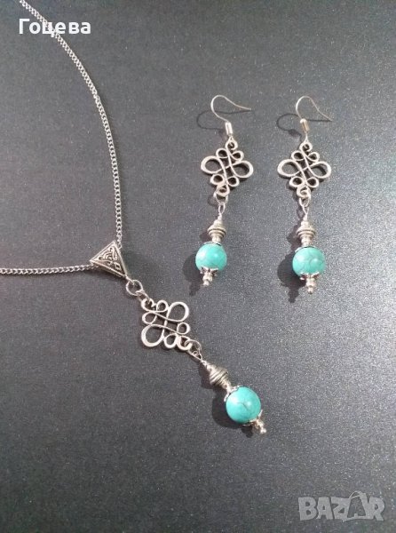 Разкошен комплект с Тюркоази във Викториански стил с красиви орнаменти в цвят Антично сребро., снимка 1