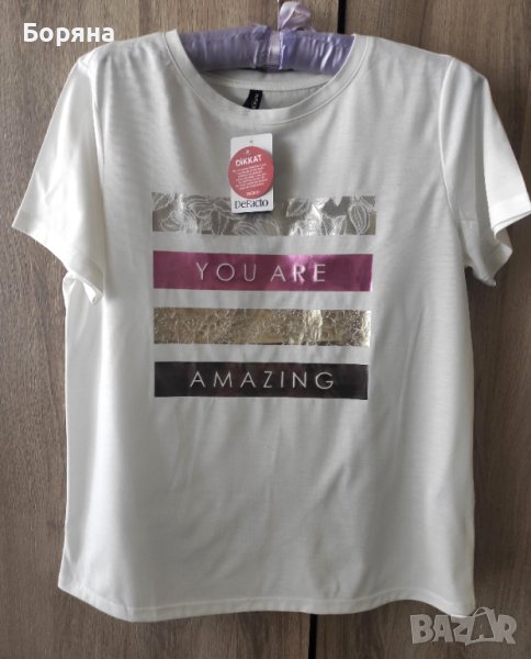 НАМАЛЕНА - DeFacto нова с етикет тениска с надписи, снимка 1