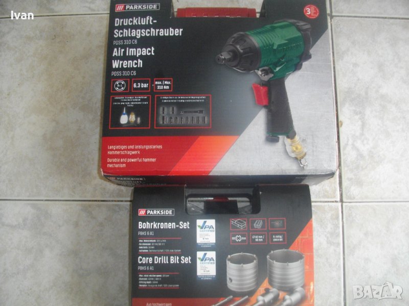 Нови Немски:Пневматичен Гайковерт 310Nm/Комплект Диамантени Боркорони Пробив Бетон-68-82мм-PARKSIDE, снимка 1