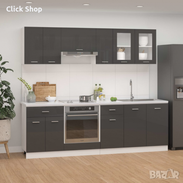 Комплект кухненски шкафове от 8 части, сив гланц, ПДЧ, снимка 1