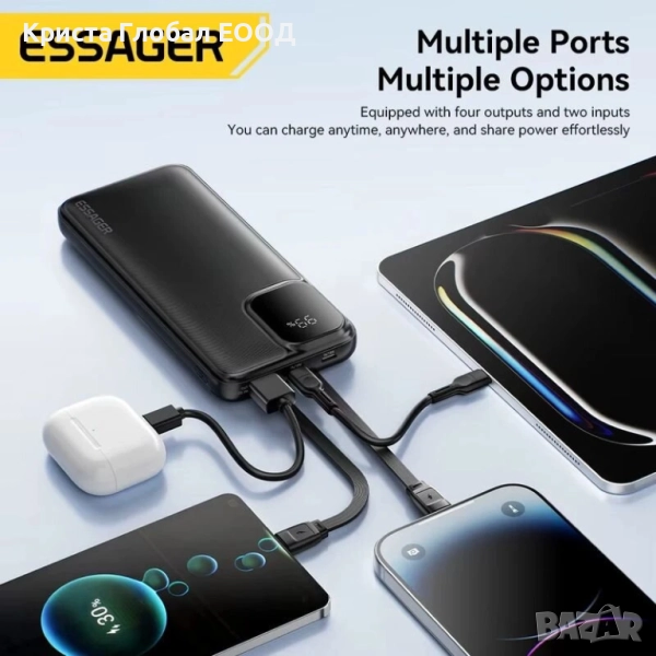 Преносима батерия Essager ES-D023 PD 20000 mAh с 2 вградени кабела Lightning, Type-C, снимка 1