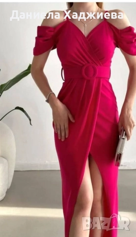 Вечерна рокля с отворени рамене и цепка -цвят фуксия , снимка 3 - Рокли - 51890640