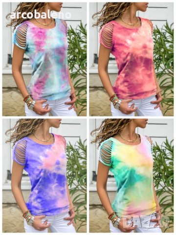 Дамска тениска с къс ръкав и скъсани рамене с тай-дай, 4цвята 