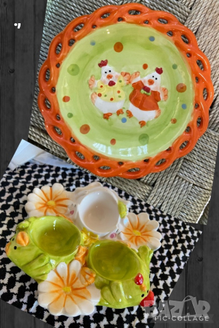Великденски сет - поставка за 3 броя яйца и декоративна чиния, снимка 1 - Други - 36182384