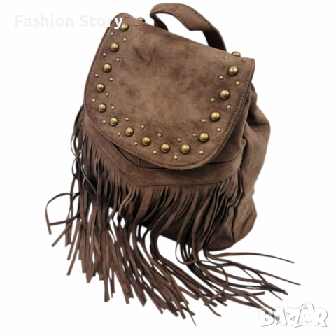 Велурена дамска раница с ресни и метални нитове – бохо стил и практичност, снимка 10 - Чанти - 52459114