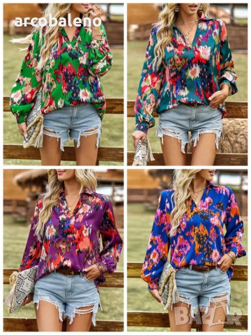 Дамска блуза с флорален принт и V-образно деколте, 4цвята - 023, снимка 1 - Блузи с дълъг ръкав и пуловери - 42038517