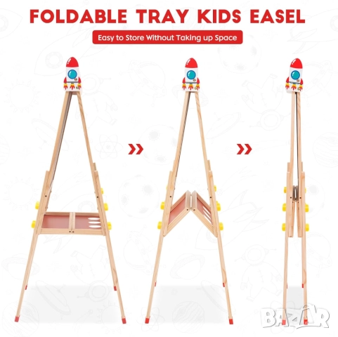 Детски Дървен Статив 3 в 1 с Регулируема Височина и Ролка за Рисуване Двустранна Дъска за Писане!, снимка 6 - Други - 51979959