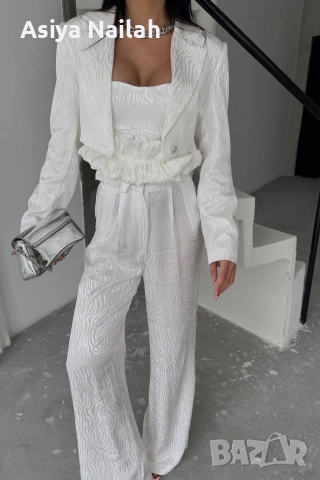 Дамски бял костюм от 3 части – сако, топ и широк панталон, снимка 5 - Костюми - 52792810