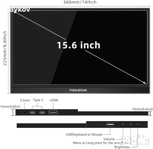 Thinlerain 15,6-инчов FHD 1080p преносим монитор с IPS,  два USB-C и HDMI, снимка 8 - Монитори - 44561070