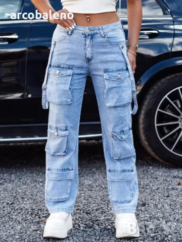 URBANVI Дамски карго дънки широки светло сини, снимка 2 - Дънки - 47466419