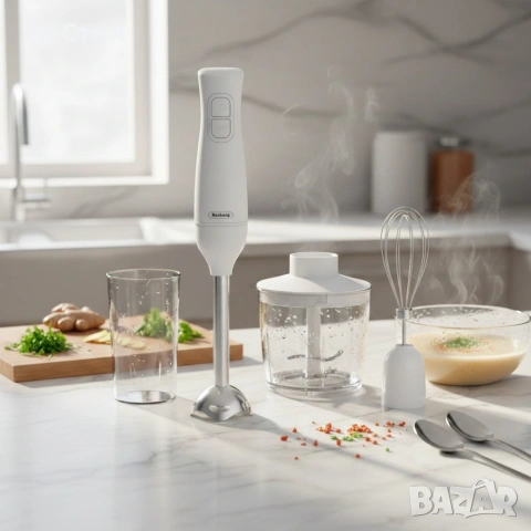 Ръчен пасатор 3 в 1 Rosberg R51112OSC, 350W, Метален накрайник, купа 0.7л., Приставка за разбиване, снимка 3 - Чопъри и пасатори - 53563637