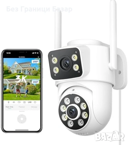 Нова 6MP 3K WiFi външна камера двоен обектив 360° PTZ IP66 за охрана дом