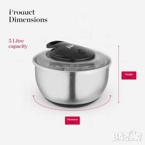 GF847071 Good Food спинър за салата, с подвижна кошница и неплъзгаща се основа, 5 литра, сребристо, снимка 6 - Други - 49285826