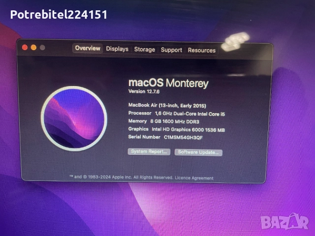 Apple MacBook AIr 13-inch 1.6GHz i5 8GB 128GB HDD 2015 лаптоп, снимка 2 - Части за лаптопи - 52436658