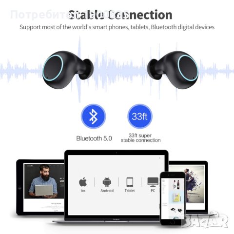 Безжични слушалки iPosible, Bluetooth 5.0, водоустойчиви IP65, снимка 5 - Безжични слушалки - 40279329