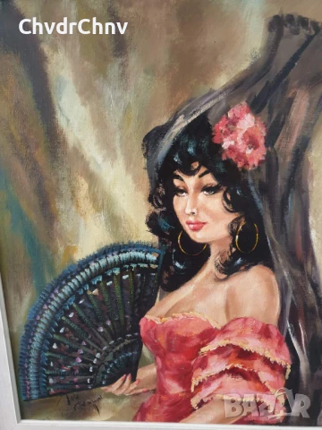 Jose Ramon 78x67см/испанска картина масло върху платно/женски портрет/дървена рамка, снимка 2 - Картини - 50702197