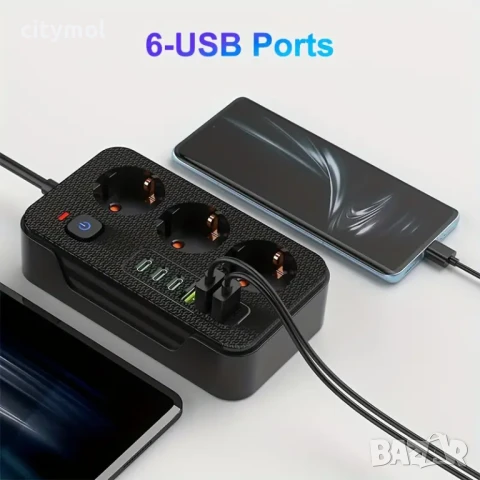 Разклонител с 3 гнезда, 3 USB и 3 TYPE C изхода, метра кабел, снимка 2 - Друга електроника - 50564844