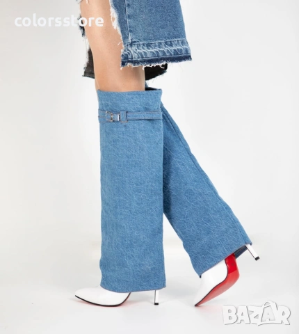 Ботуши на ток - деним и бяла кожа - KD100 , снимка 3 - Дамски ботуши - 35168104