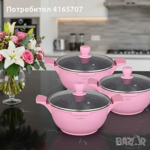 Комплект от 3 тенджери Cheffinger с мраморно покритие 20/24/28 см с капаци – незалепващи съдове за в, снимка 2 - Съдове за готвене - 53190952
