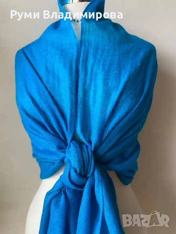 Тюркоазено син шал от коприна, кашмир, вълна, памук/ ралични видове, снимка 18 - Шалове - 47418018