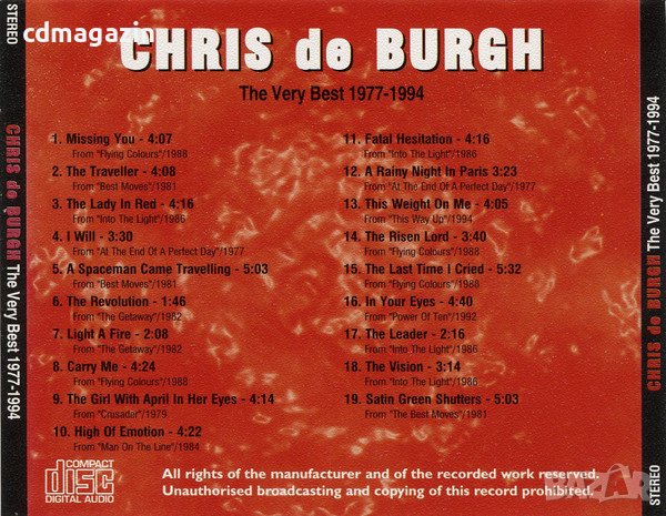 Компакт дискове CD Chris de Burgh – The Very Best 1977-1994, снимка 2 - CD дискове - 38634578