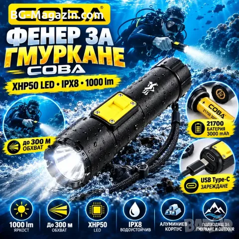 Фенер за гмуркане подводен COBA 1000 lm, XHP50, IPX8 и батерия 21700