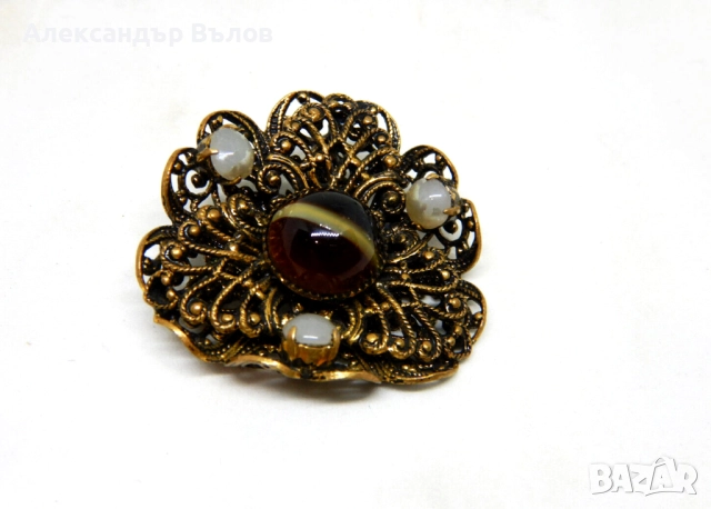 Стара Брошка Чехословакия Чешко Стъкло, снимка 4 - Антикварни и старинни предмети - 51614342