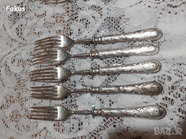 Стари антикварни посребрени вилици 5 + 1, снимка 6 - Антикварни и старинни предмети - 53697952