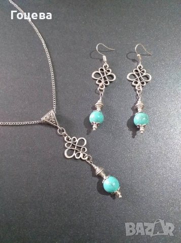 Разкошен комплект с Тюркоази във Викториански стил с красиви орнаменти в цвят Антично сребро., снимка 1