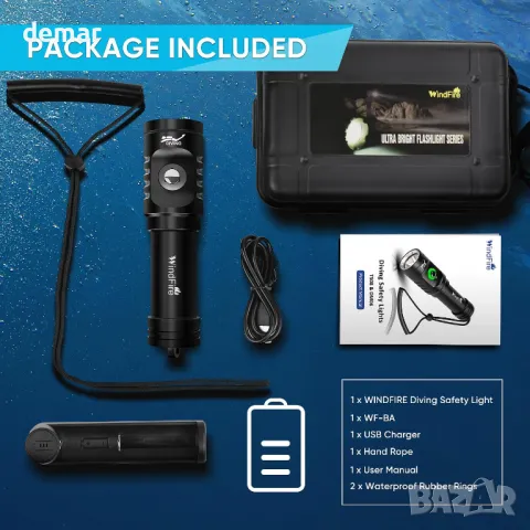 Фенер за гмуркане WindFire, фенер за гмуркане, IPX8, 3000 лумена с 3 режима и индикатор, снимка 7 - Водни спортове - 47801091