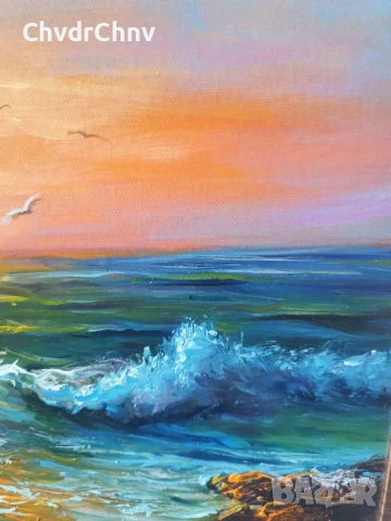 Димитър Генев 33x27см/малка българска картина масло върху платно/морски пейзаж/лодка-залез, снимка 3 - Картини - 51153029