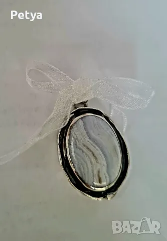 Авторски сребърни бижута, комплект, естествен камък халцедон - Синя дантела, снимка 2 - Бижутерийни комплекти - 48665783