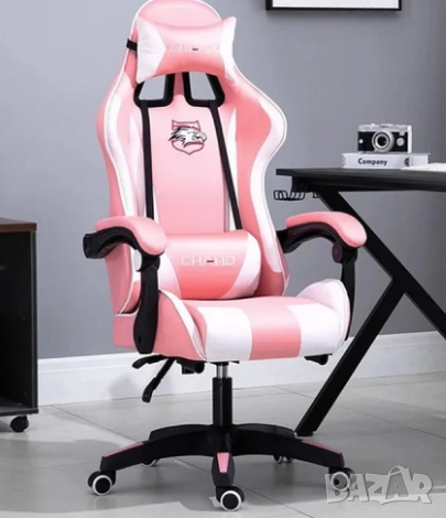 Геймърски стол с регулируема височина, лумбална възглавница и метална основа, снимка 3 - Столове - 53094965