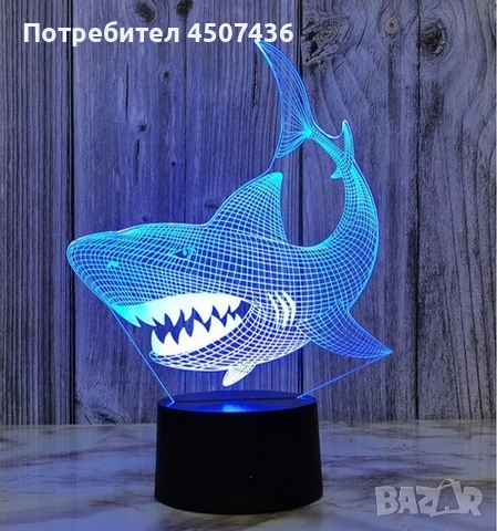 Холограмна 3D LED лампа Акула,RGB Седемцветен Интелигентен Контрол,USB/батерия, снимка 3 - Настолни лампи - 49485562