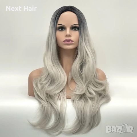 Парти хелоуин сребристо руса перука с тъмни корени на път, снимка 2 - Аксесоари за коса - 51984410