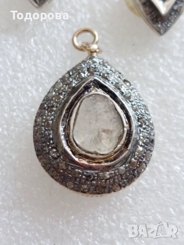 Сребро,злато-комплект обеци и медальон с огромни стари диамати, снимка 2 - Обеци - 52010737