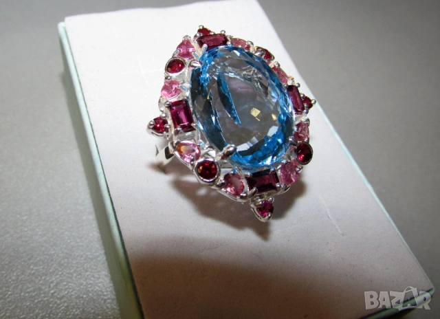 Сребърен пръстен с натурален син топаз 37 карата, снимка 2 - Пръстени - 53498060
