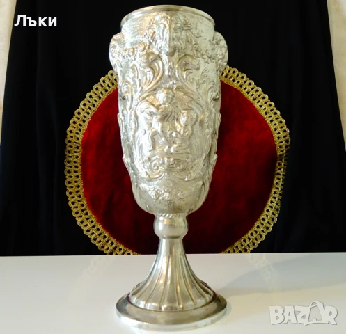 Бокал от калай,чаша за вино,глава на Овен,Ангели,барок., снимка 2 - Антикварни и старинни предмети - 51253524