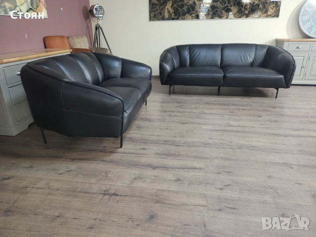 Дизайнерски черен кожен комплект дивани тройка и двойка Pebble, снимка 3 - Дивани и мека мебел - 53694619