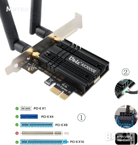 Безжична карта Ubit WiFi 6 AX3000E, макс. 2974 Mbps, трибандова (6G/5G/2.4G), BT 5.2, OFDMA, MU-MIMO, снимка 3 - Мрежови адаптери - 53071808