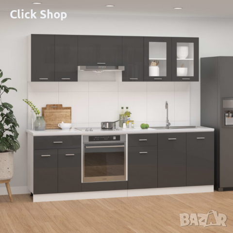 Комплект кухненски шкафове от 8 части, сив гланц, ПДЧ, снимка 1 - Шкафове - 36499055