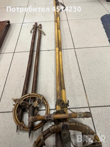 Старинни дървени щеки за ски с кожени каишки – комплект, снимка 6 - Зимни спортове - 52879578