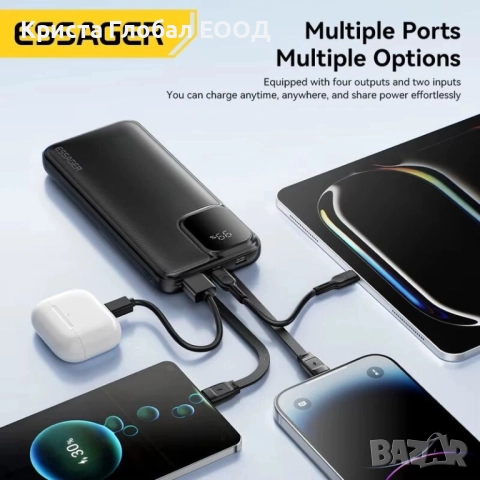 Преносима батерия Essager ES-D023 PD 20000 mAh с 2 вградени кабела Lightning, Type-C