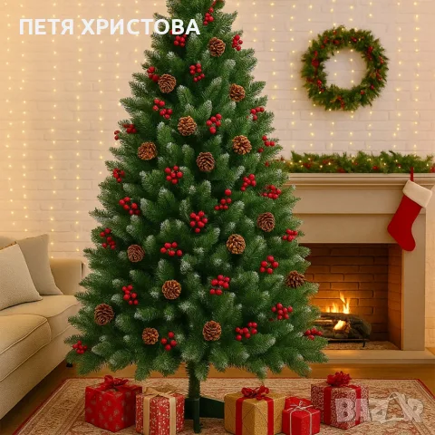 Изкуствена елха Luxury Diamond с червен глог и шишарки, снимка 4 - Декорация за дома - 56221867