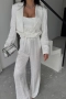 Дамски бял костюм от 3 части – сако, топ и широк панталон, снимка 5