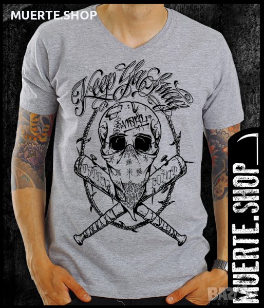 Сива тениска с щампа KEEP YA SWAG SKULL GREY, снимка 1