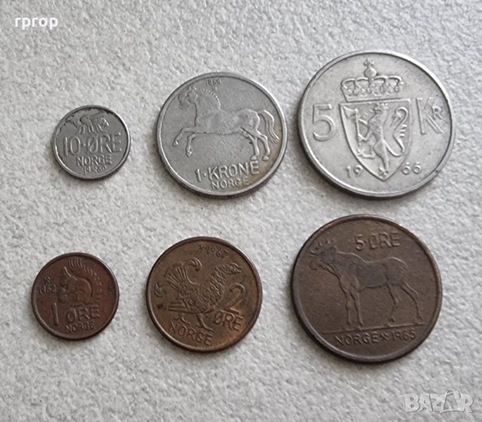 Норвегия .1, 2  ,5 ,10 оре . 1 и 5 крони. 1958 - 1967 година. Стара емисия., снимка 1